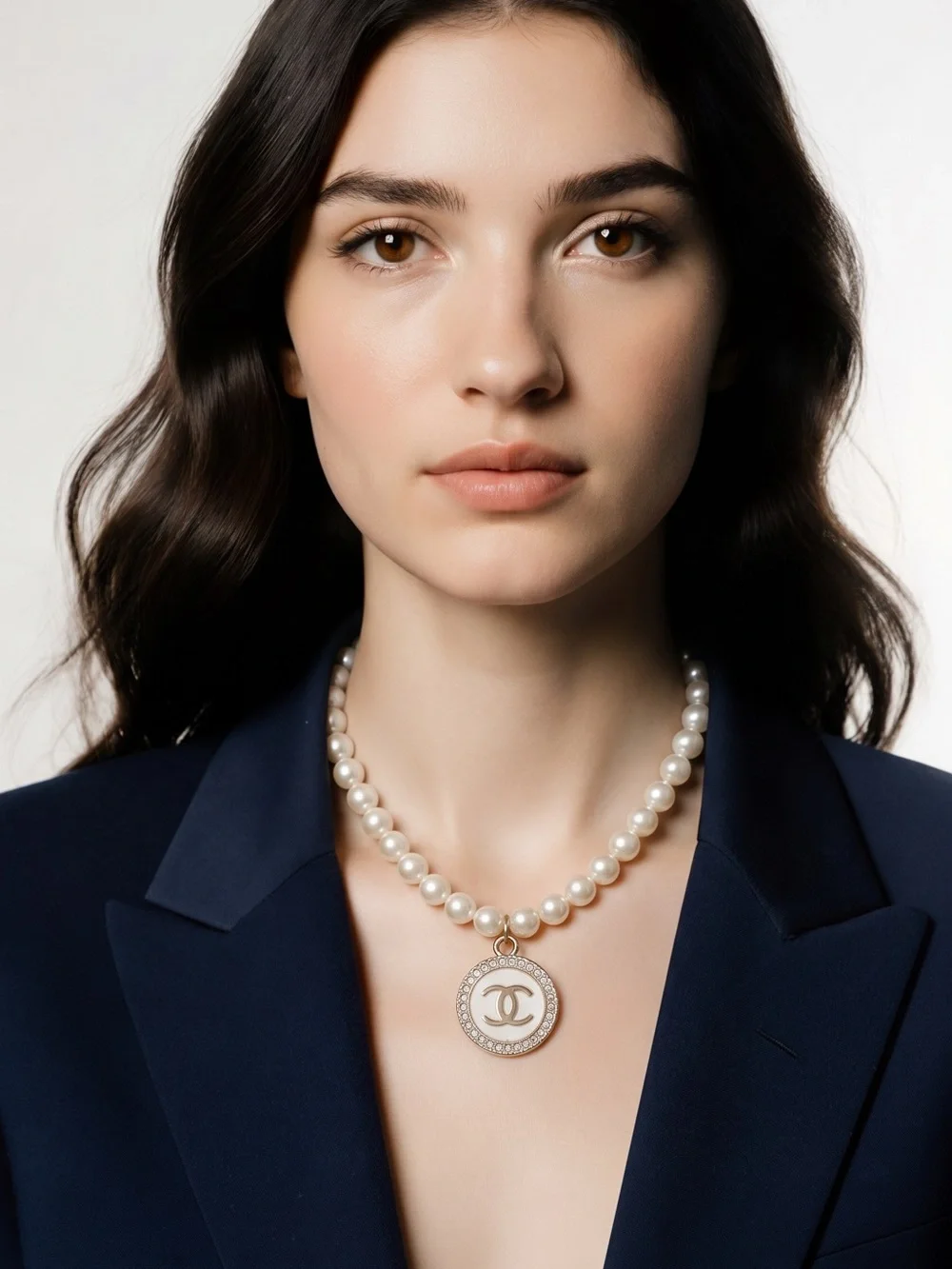 Pearl Necklace with Gold CC Pendant - White Pearls